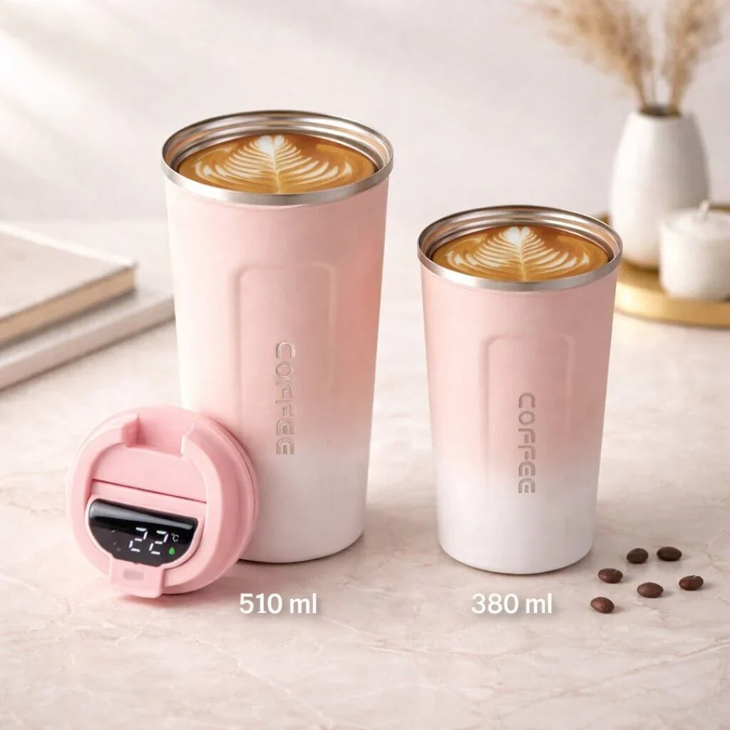 Leak-proof thermal mug, portable for travel, keeps hot drinks hot & cold drinks cold, digital display.