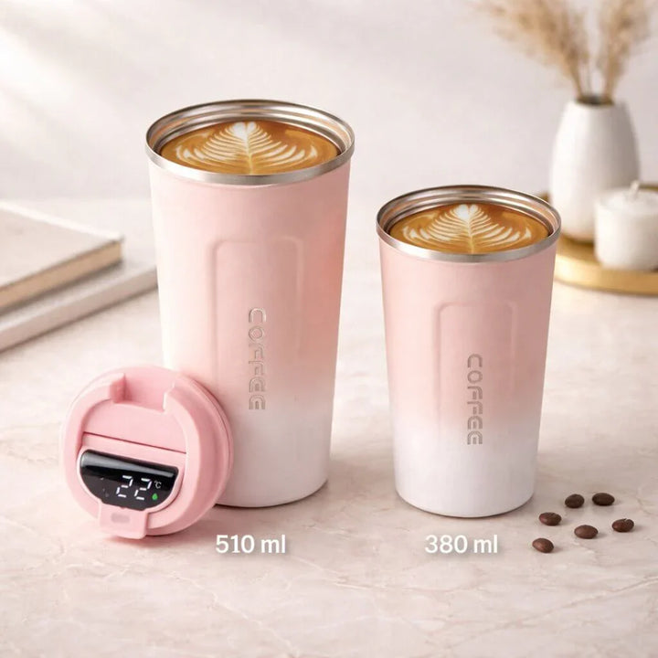 Leak-proof thermal mug, portable for travel, keeps hot drinks hot & cold drinks cold, digital display.