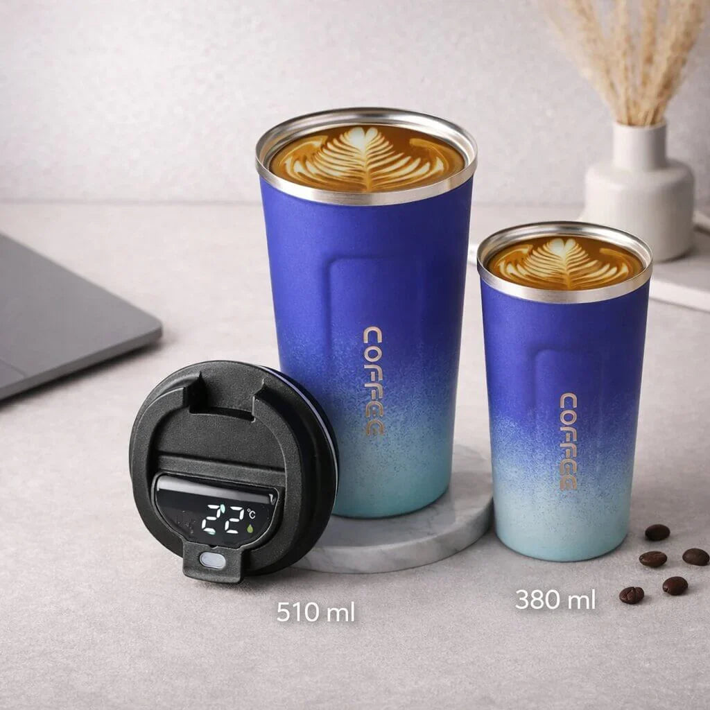 Durable stainless steel thermal mug with a leak-proof lid and smart digital temp display.