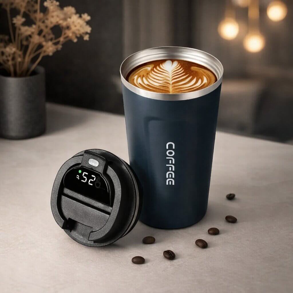 Smart leak-proof thermal travel mug, digital display shows temperature, ideal for hot or cold use.