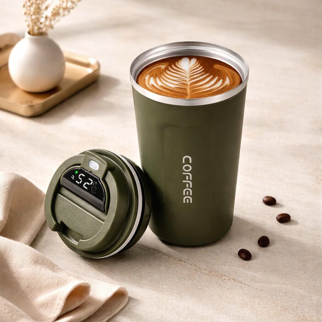 Insulated cup, stainless steel, with digital display for real-time temperature of hot/cold drinks.