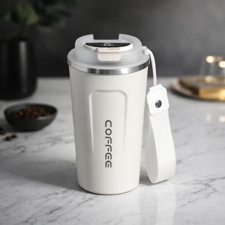 Unisex thermal travel mug, leak-proof, keeps drinks hot/cold, features an easy-read digital display.