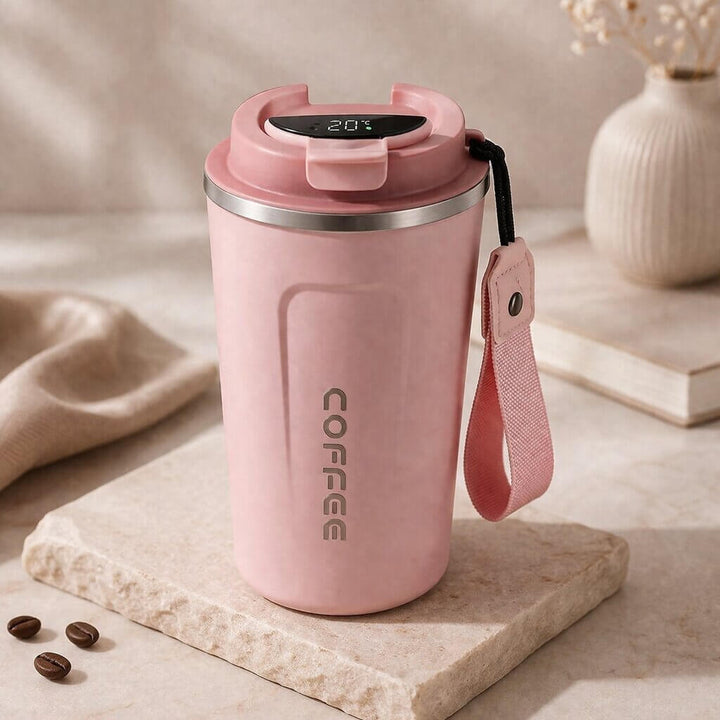 Stainless steel thermal mug, leak-proof lid, digital display for accurate hot or cold drink temps.