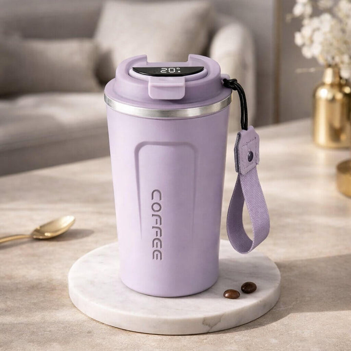 Portable insulated travel cup, unisex, with digital display to show hot or cold liquid temperature.