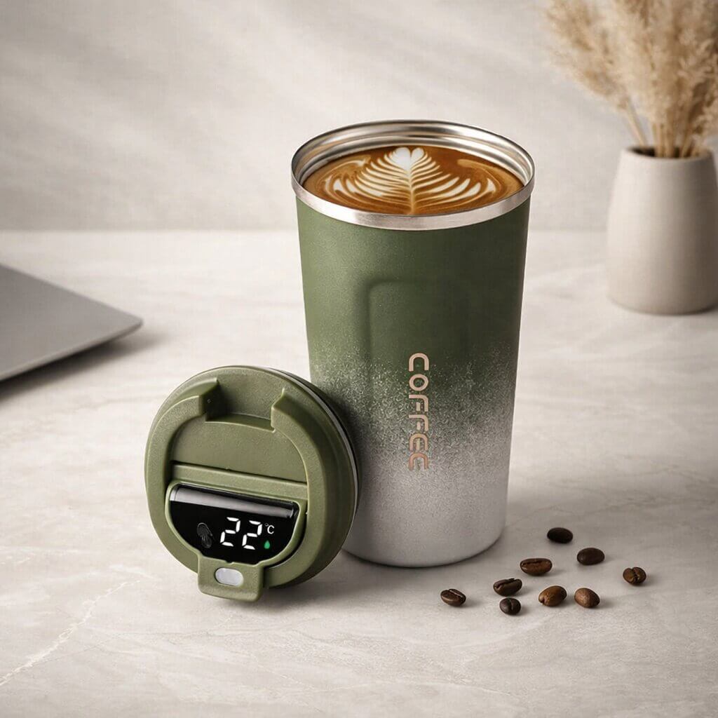 Modern thermal mug, leak-proof, digital display for precise temperature, keeps drinks hot for hours.