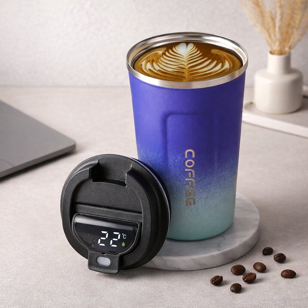 Unisex insulated cup, stainless steel, with digital display to track internal drink temperature.