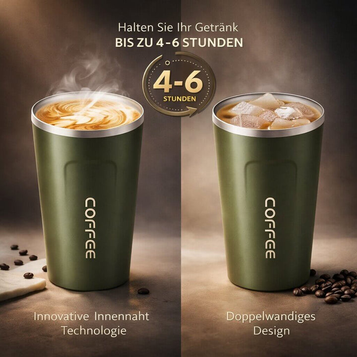 Durable thermal travel mug, stainless steel, with leak-proof lid and digital display for temp.