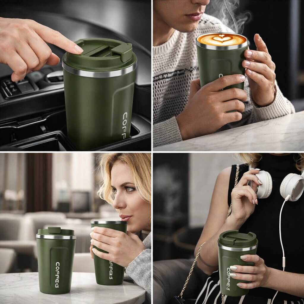 Sleek thermal travel mug, leak-proof, digital display shows exact drink temperature for commuters.