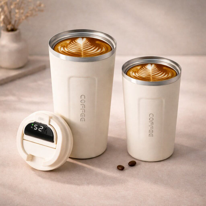 Stainless steel insulated travel mug, unisex, with a digital display to monitor your drink's temp.