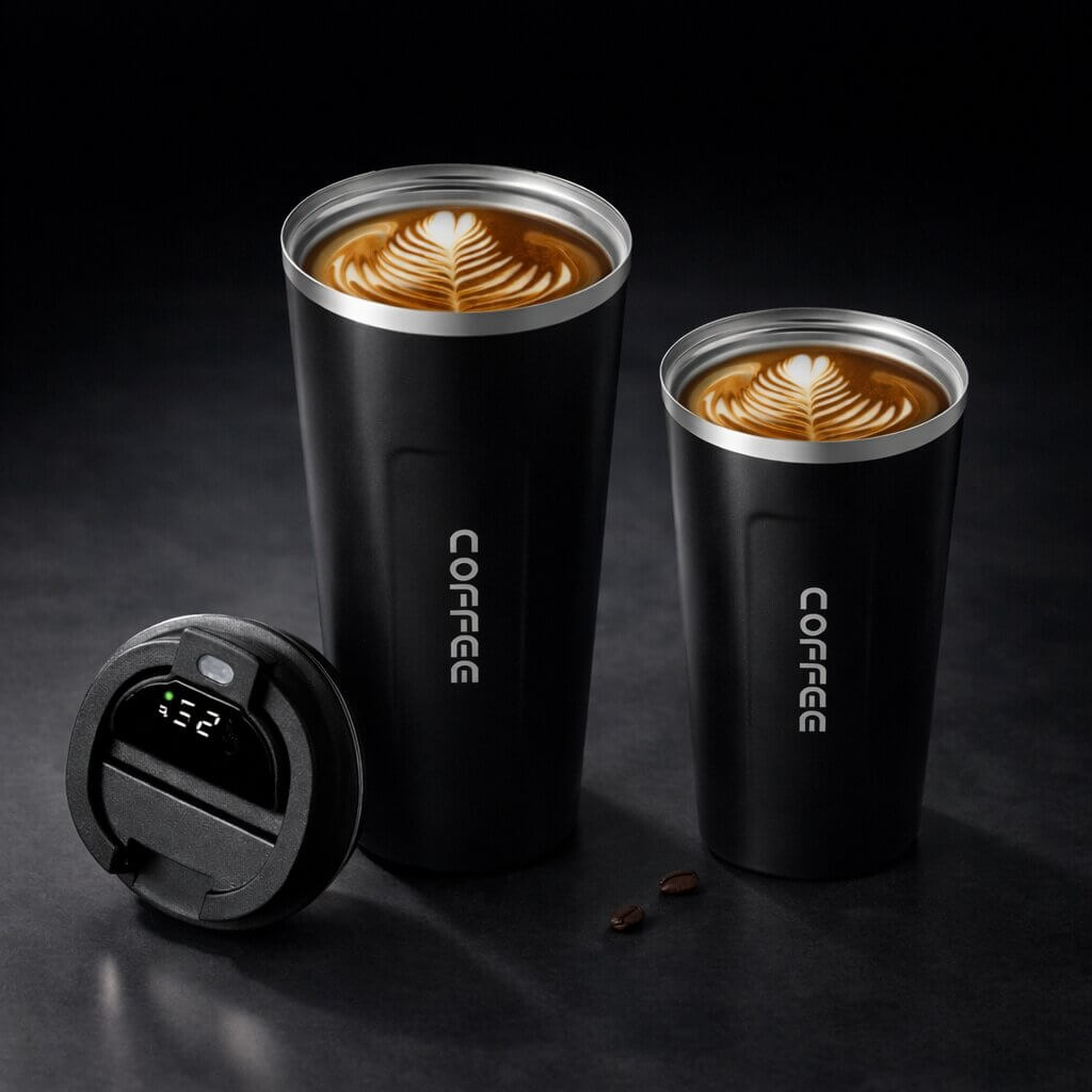 Thermal coffee travel mug with smart digital temperature display, leak-proof design for hot drinks.