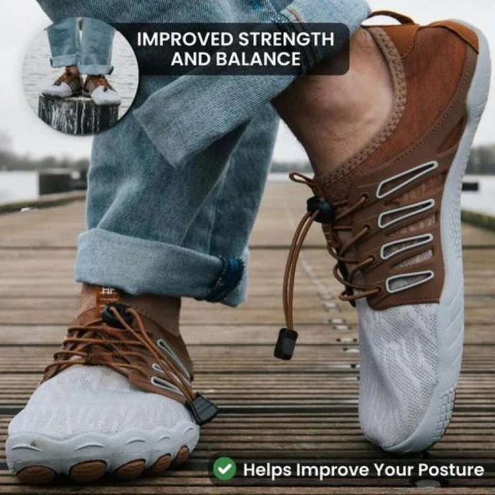 TrailFlex Pro unisex athletic shoes, promoting natural foot movement & healthy posture for outdoor fitness.
