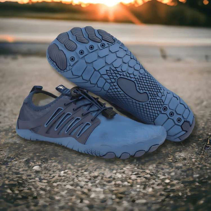 Unisex TrailFlex Pro barefoot trail shoes in action, providing flexible support & non-slip grip for outdoor fitness.