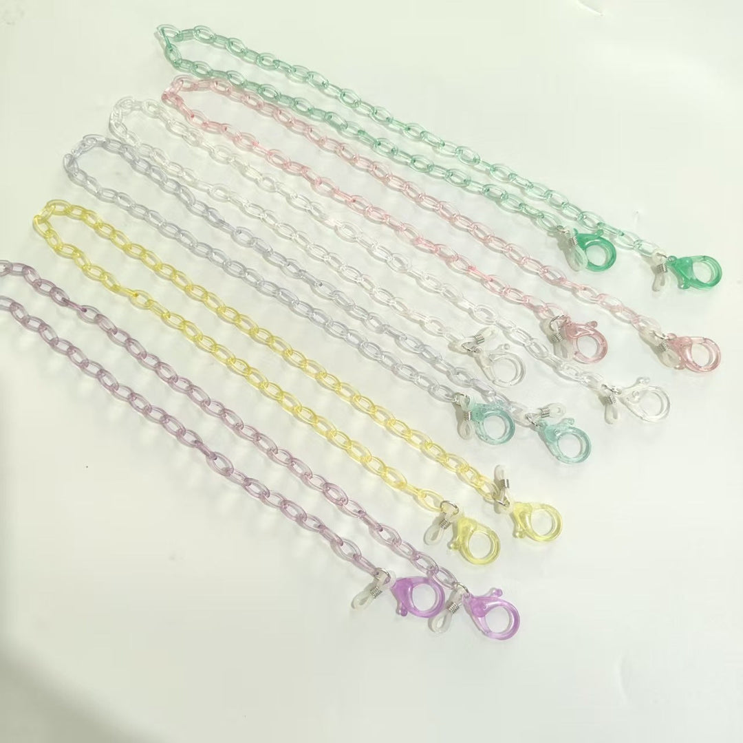 Unisex transparent resin glasses chain, stylish & lightweight eyewear holder.