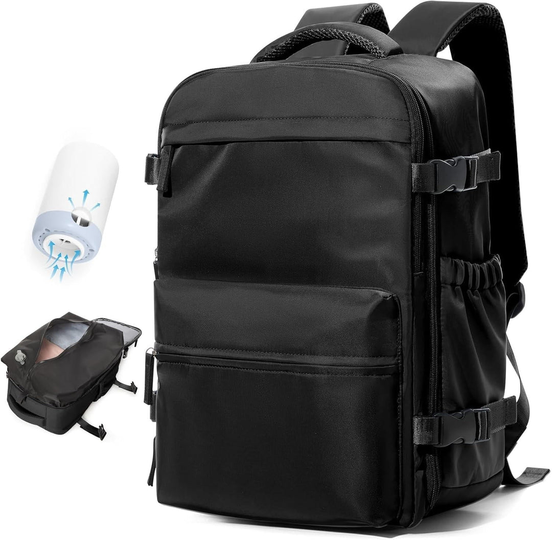 Unisex travel backpack with vacuum compression, 17" laptop sleeve, USB pump, and water repellent material.