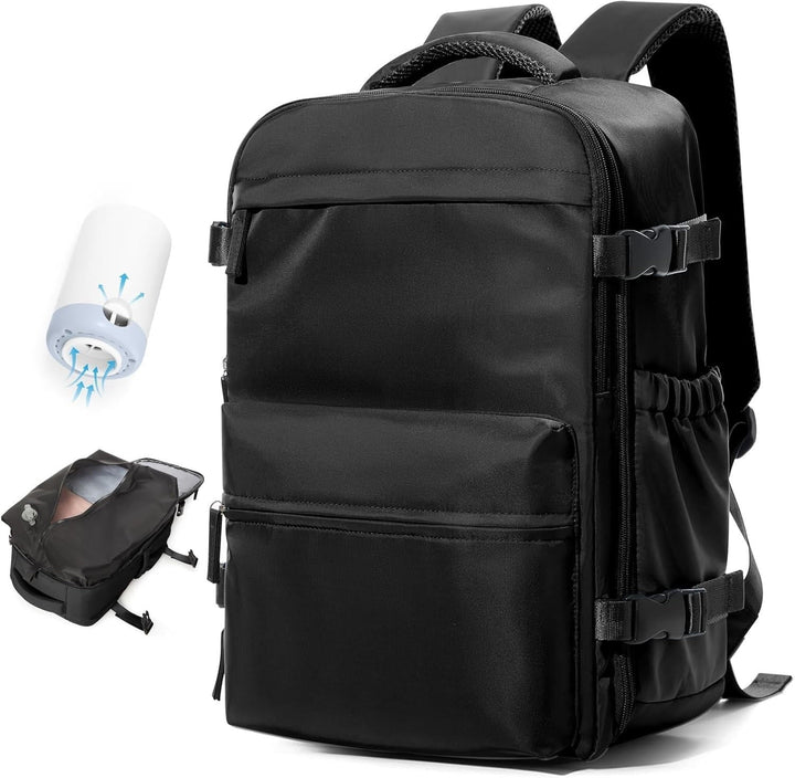Unisex travel backpack with vacuum compression, 17" laptop sleeve, USB pump, and water repellent material.