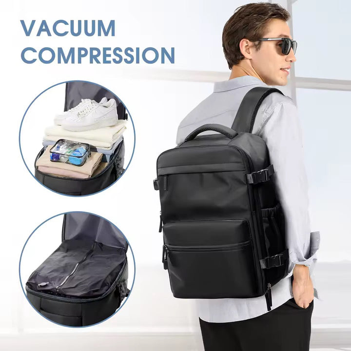 Traveler wearing unisex vacuum compression backpack, perfect for organized, space-saving journeys and adventures.