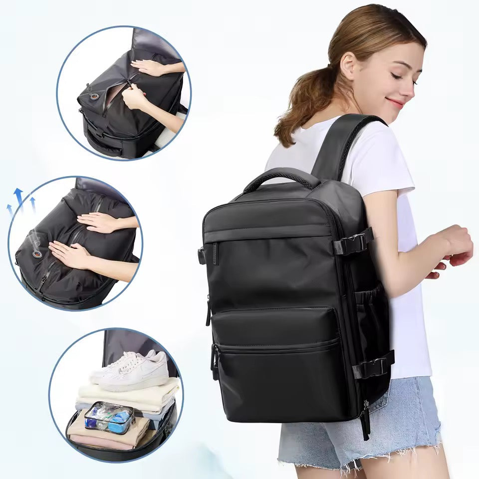 Close-up of water-repellent fabric & USB pump on a versatile travel backpack designed for 17" laptops.