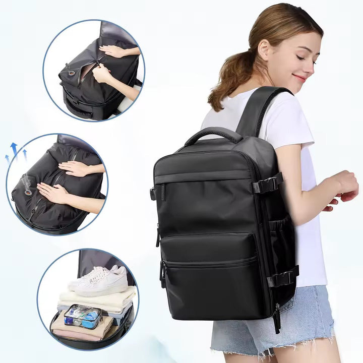 Close-up of water-repellent fabric & USB pump on a versatile travel backpack designed for 17" laptops.