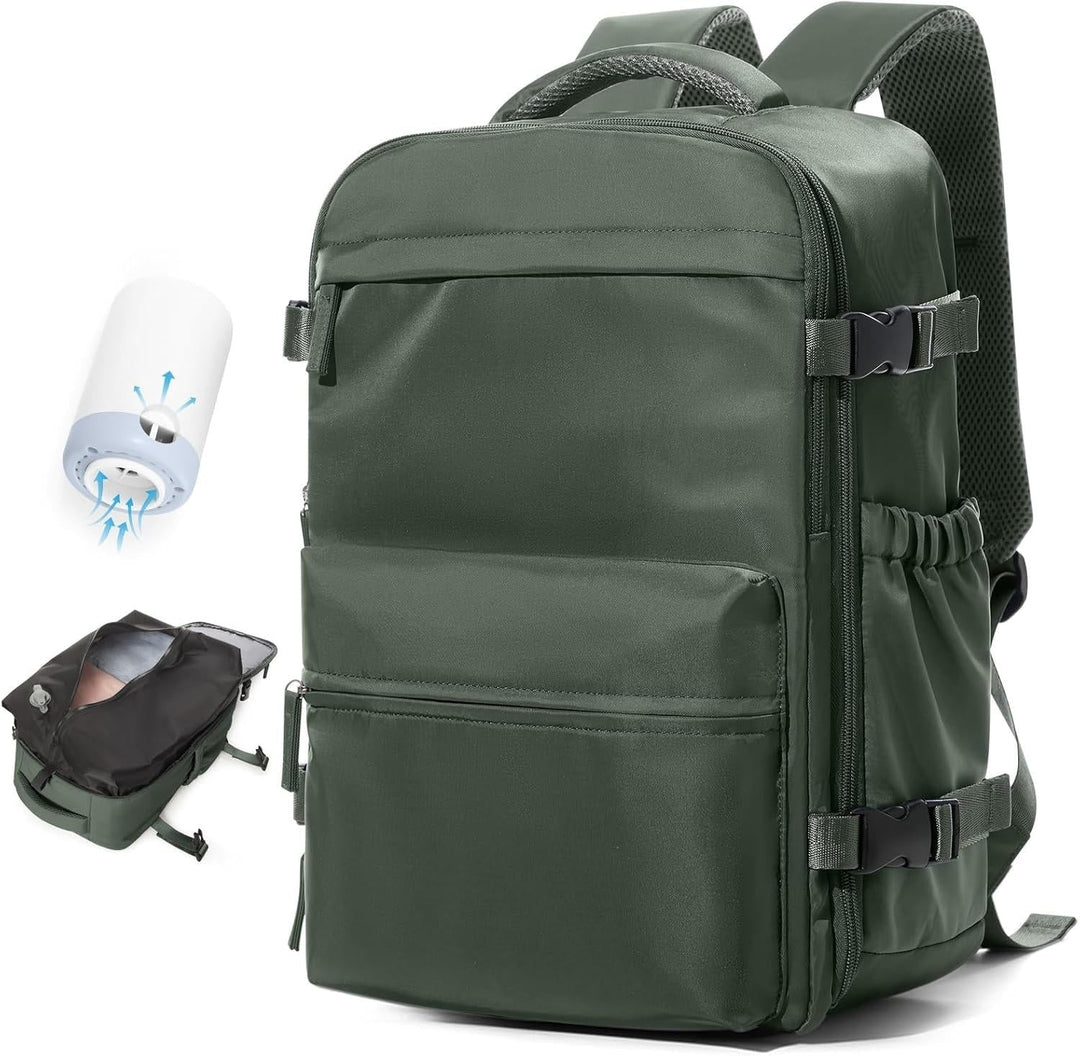 Durable water-repellent travel backpack with padded back, vacuum compression & 17" laptop compartment.