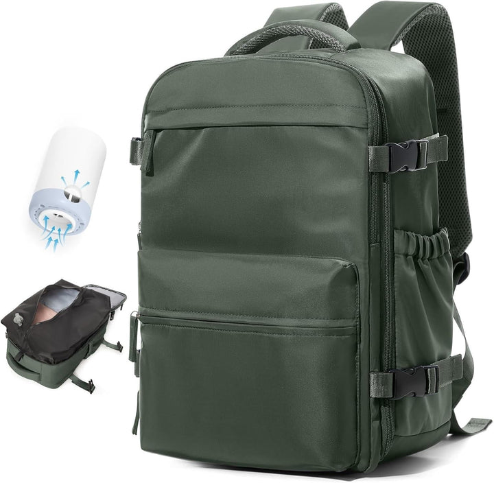 Durable water-repellent travel backpack with padded back, vacuum compression & 17" laptop compartment.
