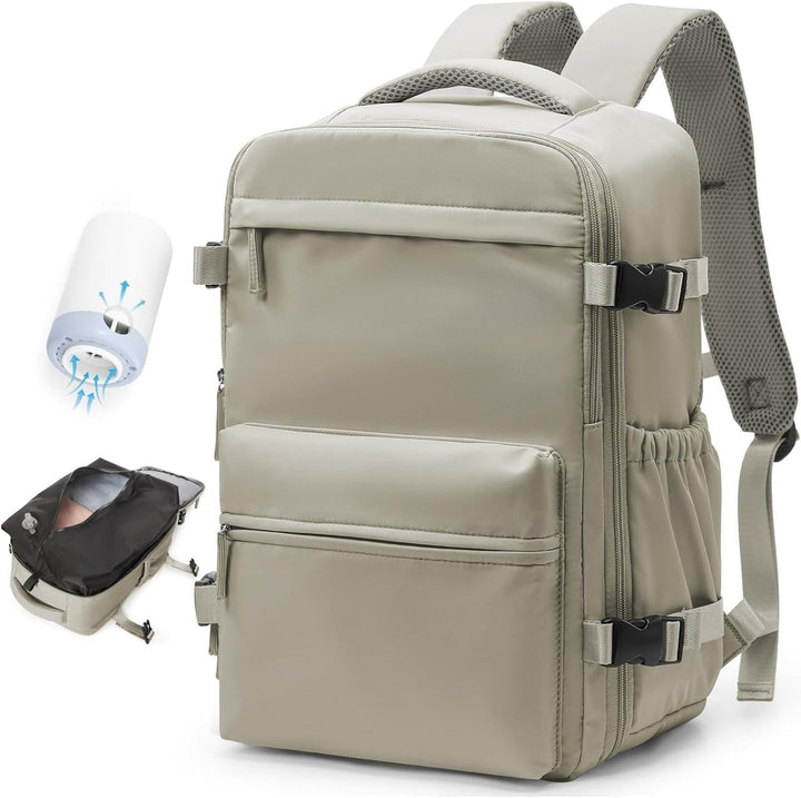 Unisex laptop backpack with 17" padded sleeve, USB pump for vacuum compression, ideal for travel & daily use.