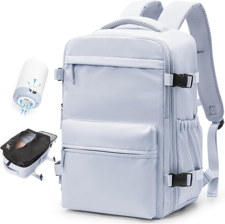 Adventure-ready travel backpack with vacuum compression, water-repellent, multi-compartment, padded comfort.