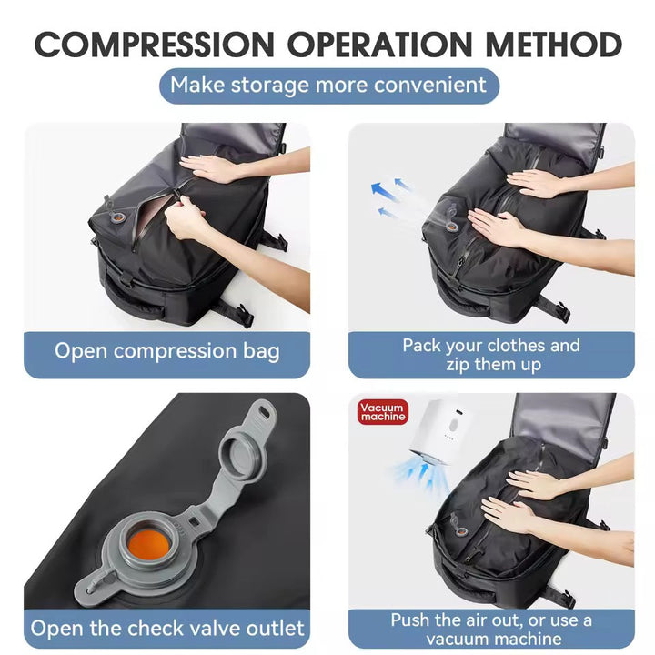 Space-saving travel backpack featuring an integrated USB vacuum pump & dedicated 17" laptop compartment.