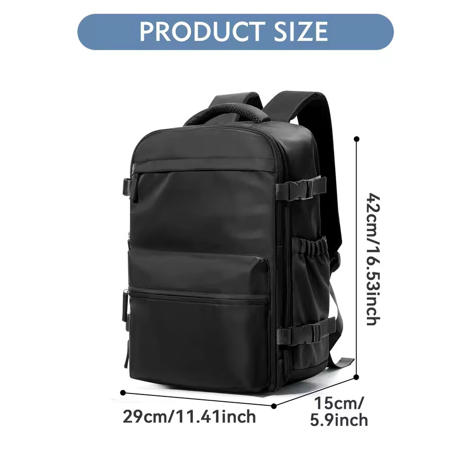 Interior view of multi-compartment travel backpack, showing vacuum compression area & 17" laptop sleeve.
