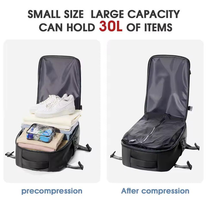 Side profile of ergonomic travel backpack with padded back, featuring water-repellent fabric & compression.