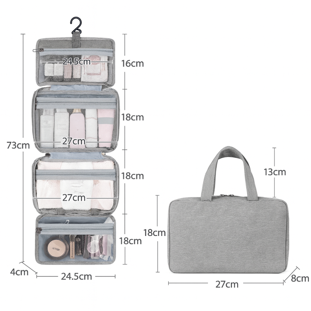 Portable hanging toiletries pouch. Waterproof organiser with multiple compartments for travel storage, easy access.