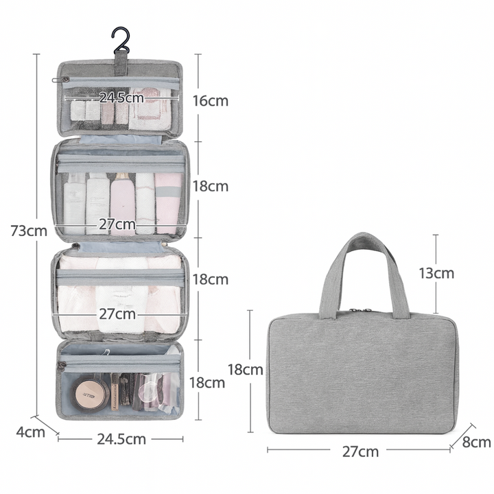 Portable hanging toiletries pouch. Waterproof organiser with multiple compartments for travel storage, easy access.