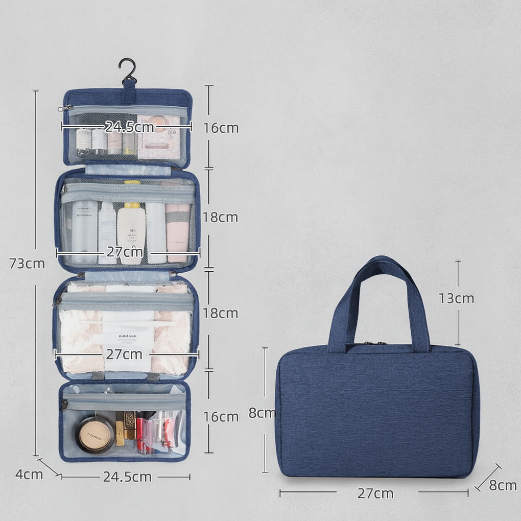 Waterproof travel organiser for toiletries. Spacious main compartment & pockets for bathroom essentials, great for trips.