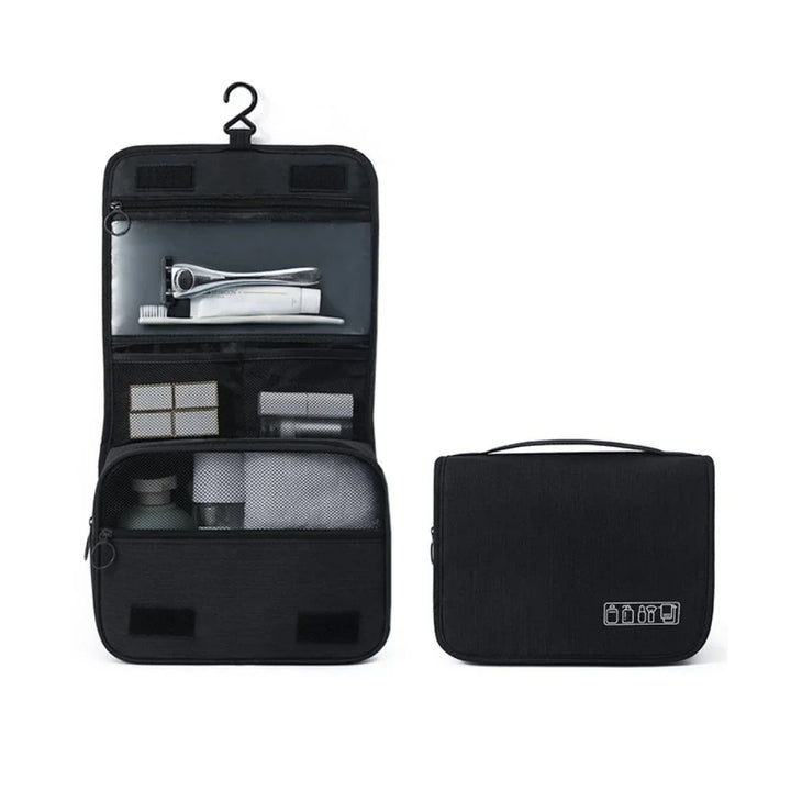Unisex travel toiletry bag with hanging hook for organized essentials. Portable & water resistant cosmetic organizer.
