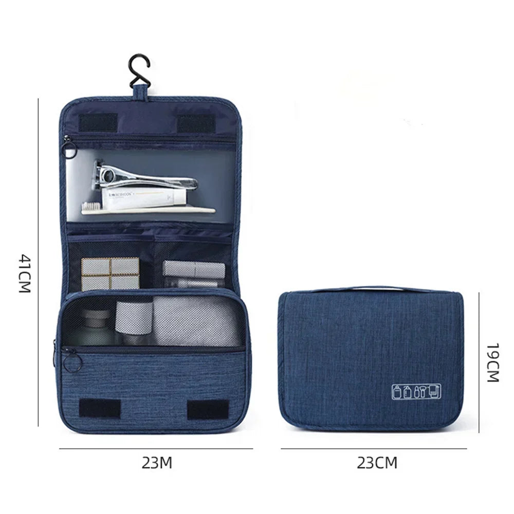 Closed water-resistant unisex travel toiletry bag, packed and ready for your next adventure. Portable cosmetic organizer.