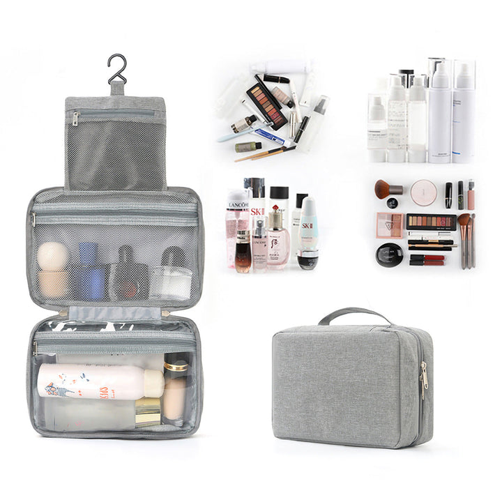 Stylish unisex hanging toiletry organizer bag, ideal for travel. Keep your bathroom essentials tidy and accessible.