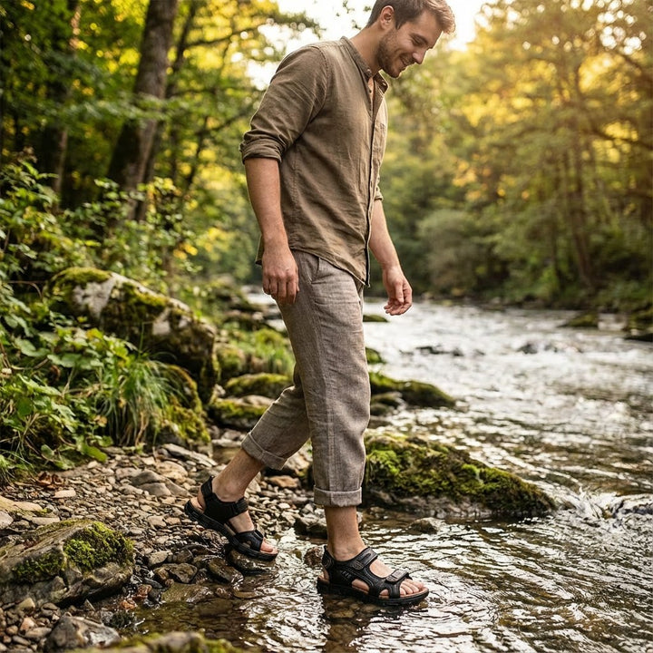 Comfortable open-toe adventure sandals for men & women, with adjustable straps & strong grip for trails.
