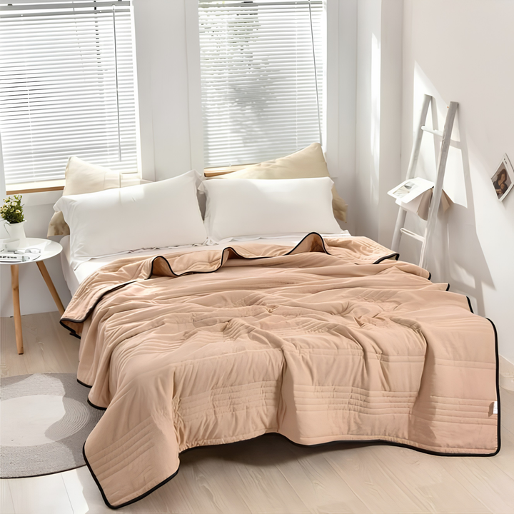 Close-up of the innovative fabric of the ultimate cooling blanket, ideal for temperature control for hot sleepers.