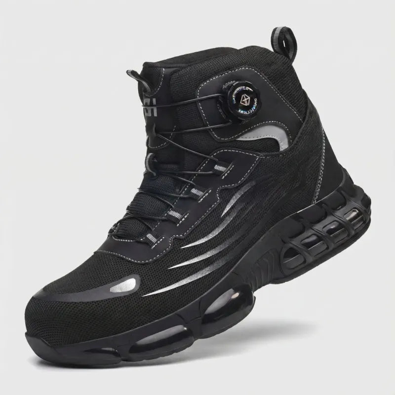 Robust non-slip sole of ultra-lightweight waterproof safety work boots, providing secure footing for outdoor tasks.