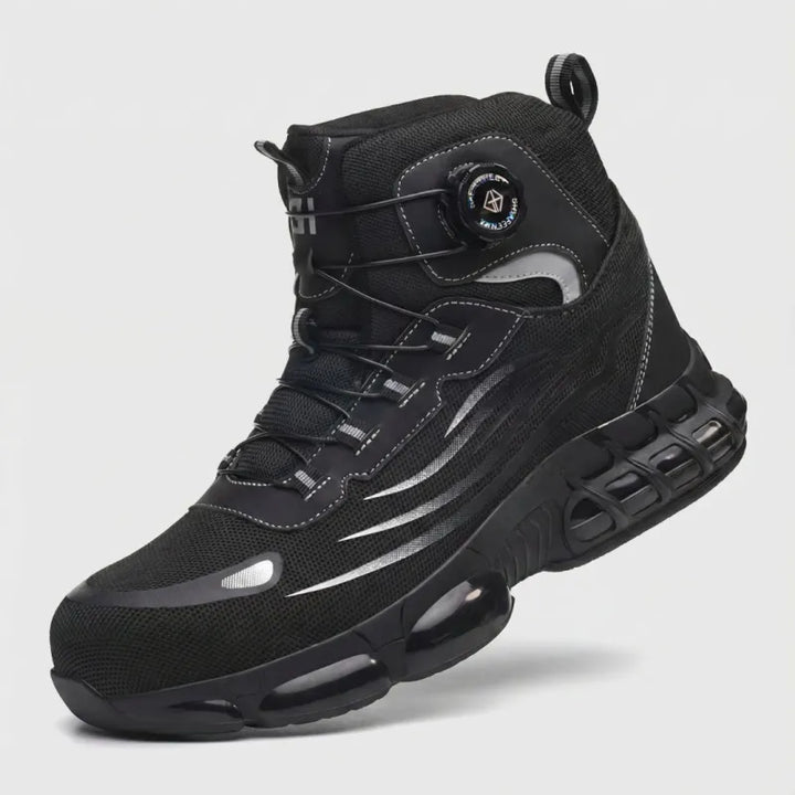 Robust non-slip sole of ultra-lightweight waterproof safety work boots, providing secure footing for outdoor tasks.