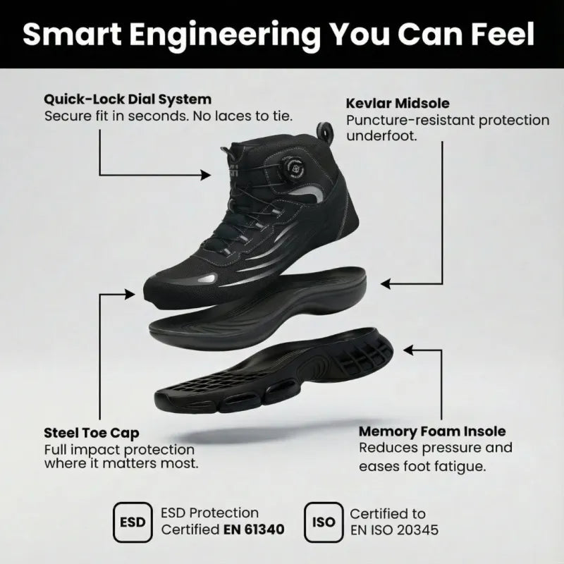 Black & grey unisex waterproof safety work boots, ultra-lightweight for comfort and protection during outdoor work.