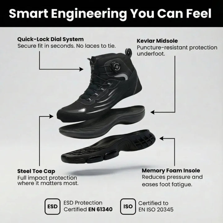 Black & grey unisex waterproof safety work boots, ultra-lightweight for comfort and protection during outdoor work.
