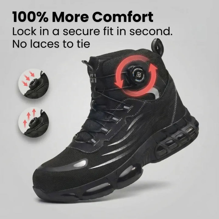 Sleek black & grey unisex work boots, waterproof and lightweight for ultimate safety and durable protection.