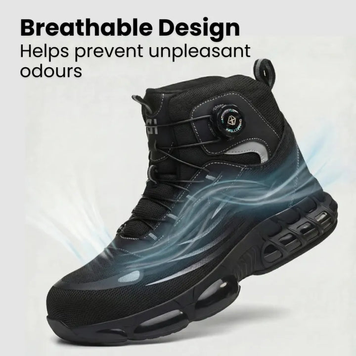 Side view: Unisex ultra-lightweight waterproof safety boots for work. Durable protective footwear in black & grey.