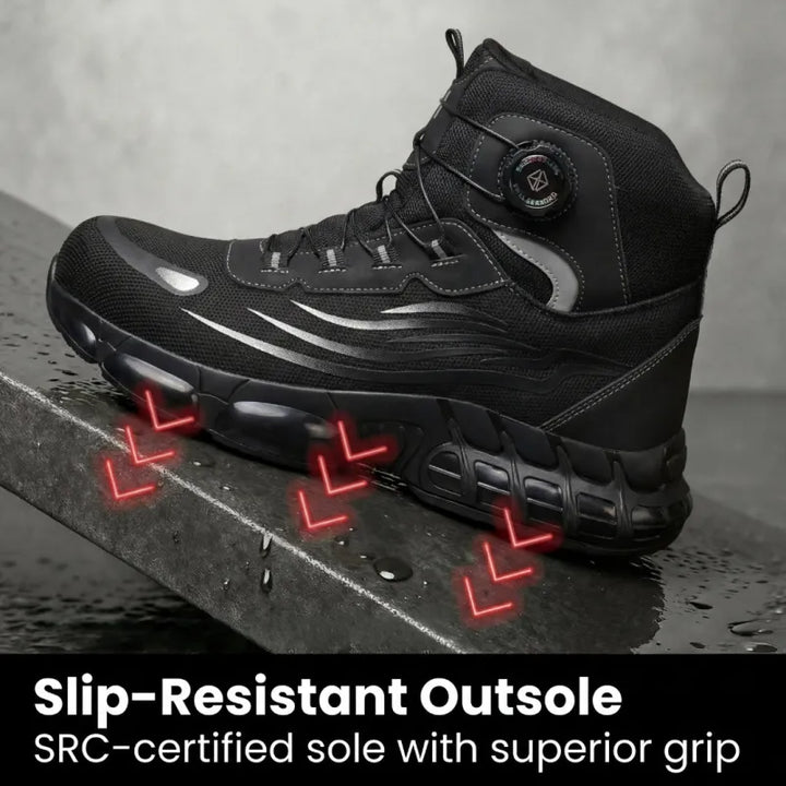 Close-up: Waterproof, durable material of black & grey ultra-lightweight safety work boots. Protective footwear.