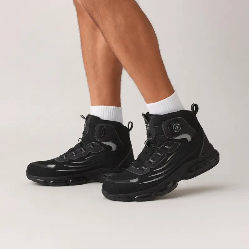 Front view: Black & grey ultra-lightweight waterproof safety boots. Protective and comfortable unisex work footwear.