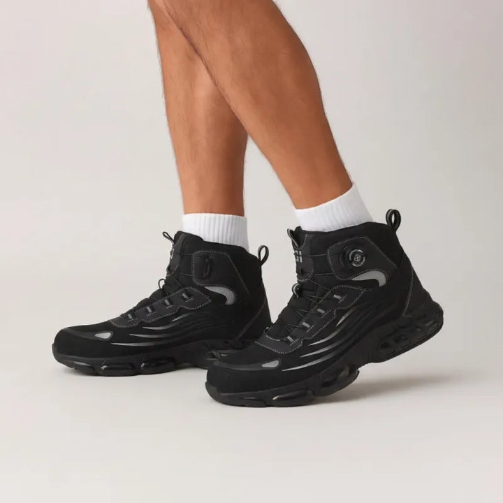 Front view: Black & grey ultra-lightweight waterproof safety boots. Protective and comfortable unisex work footwear.