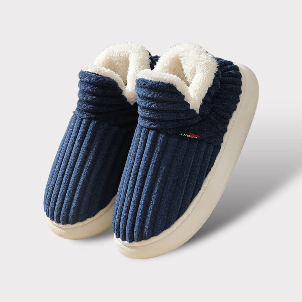 Soft plush ergonomic slippers, providing cozy comfort & warmth for indoor autumn/winter footwear. Unisex design.
