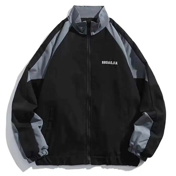 Lightweight color-block windbreaker jacket. Weather-resistant urban outerwear for spring, fall, and casual protection.