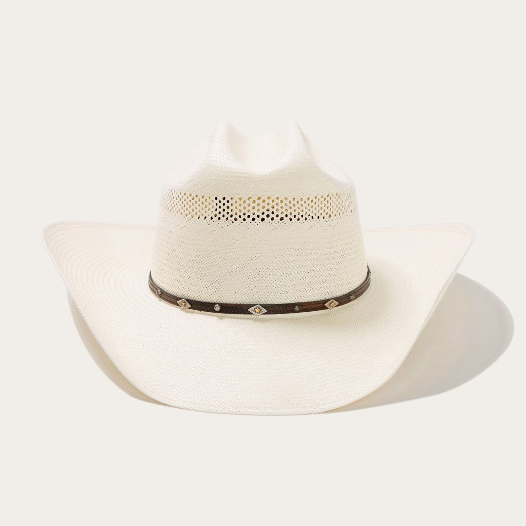 Unisex ventilated cowboy hat with leather band & silver accents. Classic sun protection for outdoor & ranch wear.