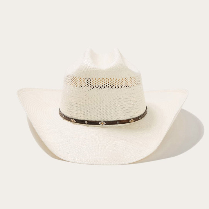 Unisex ventilated cowboy hat with leather band & silver accents. Classic sun protection for outdoor & ranch wear.